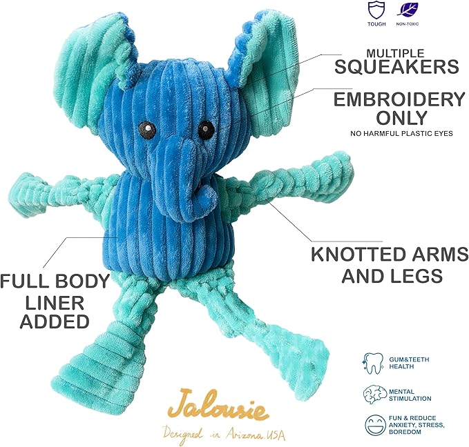 Jalousie Plush Toys Assortment Value Bundle Puppy Pet Mutt Squeak Toy for Medium Large Dogs (5 Pack Knotted)