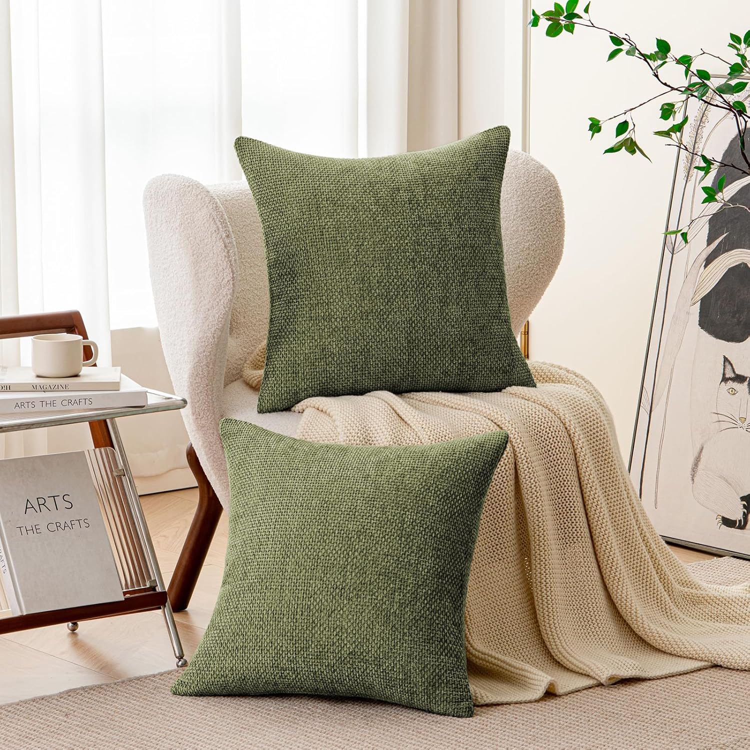 a moment Olive Green Chenille Throw Pillow Covers 12x20 Inch Pack of 2 Modern Decorative Throw Pillow Covers Farmhouse Cross Covers Home Decor for Sofa Bedroom Living Room