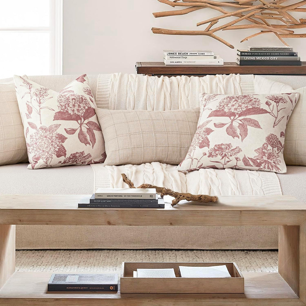 Foindtower Set of 2 Linen Floral Vintage Throw Pillow Covers Neutral Accent Decorative Cushion Covers Farmhouse Boho Home Decor for Sofa Chair Couch Bedroom Living Room,20×20 Inch,Dark Pink