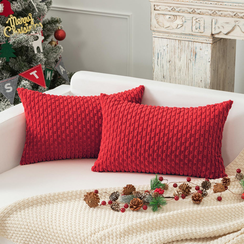 Kevin Textile 12x20 Inch Pillow Cover 1 Pack Boho Christmas Decorative Soft Striped Corduroy Lumbar Farmhouse Color Accent Rectangle Cushion Case for Living Room Couch Sofa Bed, Red