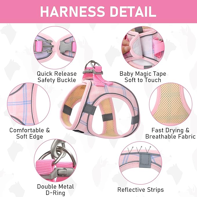 GAMUDA Small Dog Harness Collar and Leash Set, Step in No Chock No Pull Soft Mesh Adjustable Dog Vest Harnesses Plaid Reflective for Dogs Puppy Cats Kitten Rabbit (Pink, XXS)