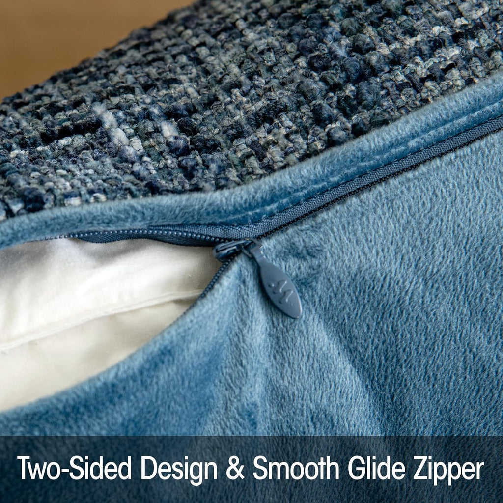 a moment Blue Reversible Pillow Covers 2 Pack - Farmhouse Chenille Throw Pillows, Neutral Textured Decorative Throw Pillow Covers with Border for Couch Sofa Bed (12x20 Inch, No Insert)