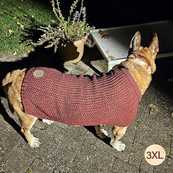 KYEESE Dog Sweater for Large Dogs with Leash Hole Warm Pullover with Reflective Yarn Male Thick Stretchy Knitwear Winter Soft Pet Coat boy for Cold Weather Comfy Dog Sweaters, Dark Red,XXX-Large