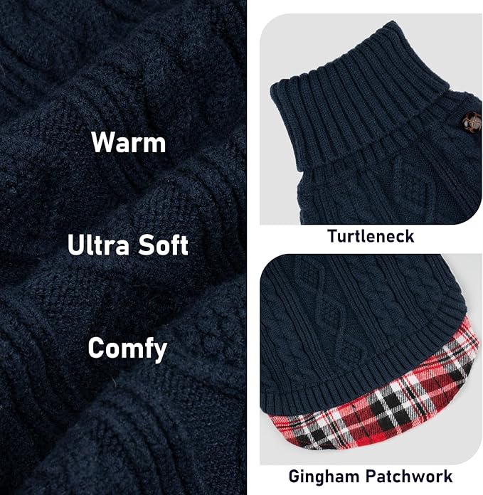 KYEESE Dog Sweater Warm Turtleneck Medium Dogs Sweater Thick Pet Coat for Fall Winter Cold Weather Soft Pullover Dog Sweaters for Medium Dogs Boy Stretchy Knitwear Cat Clothes with Gingham Patchwork