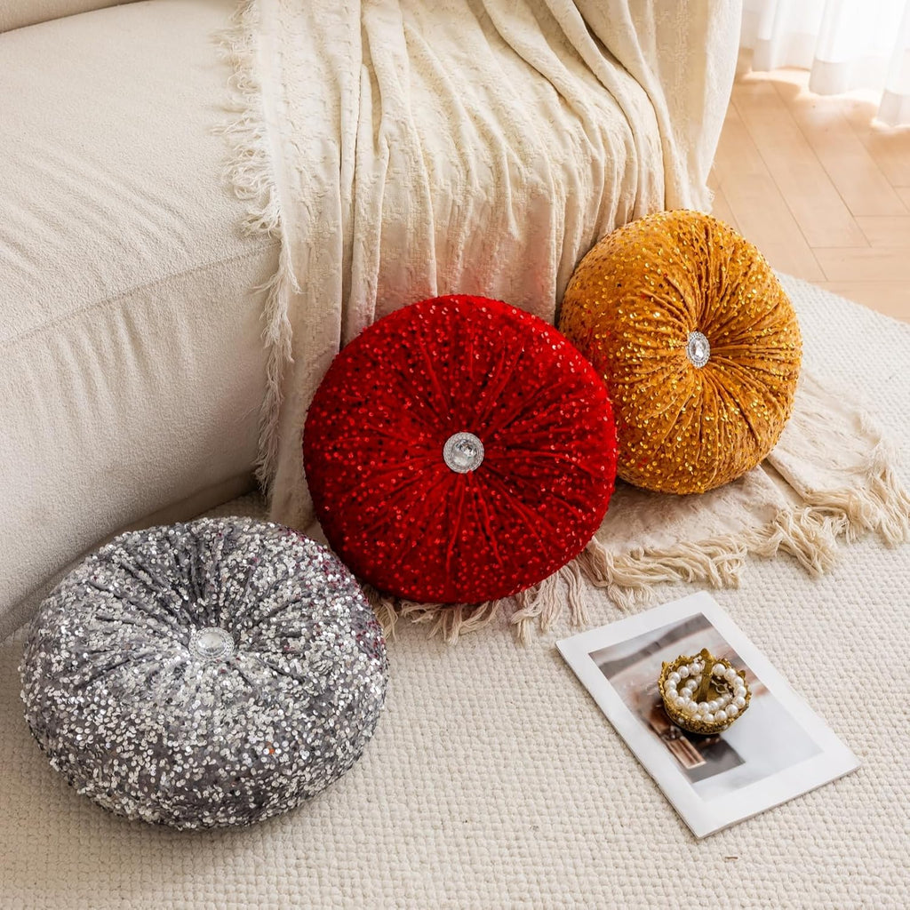 Round Throw Pillow, 13.7in Soft Solid Color Sequin Glitter Decorative Round Pillow Circle Floor Pillows Cushions for Sofa Bed Chair Living Room Floor Car Home Decoration, Red