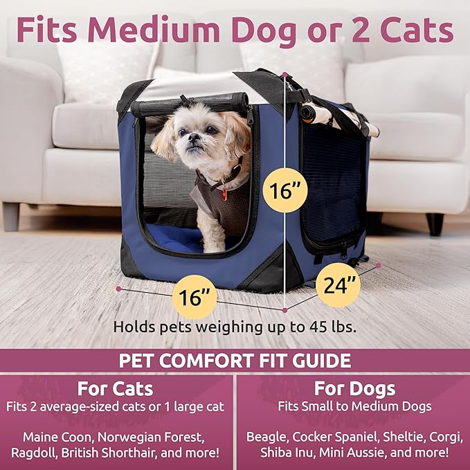 Large Cat Carrier & Dog Carrier for 2 Cats or Medium Dog. Soft Sided Pet Carrier for Travel. Collapsible, Portable with Soft Bed, Top & Side Loading, Locking Zippers, Puppy Crate & Kennel
