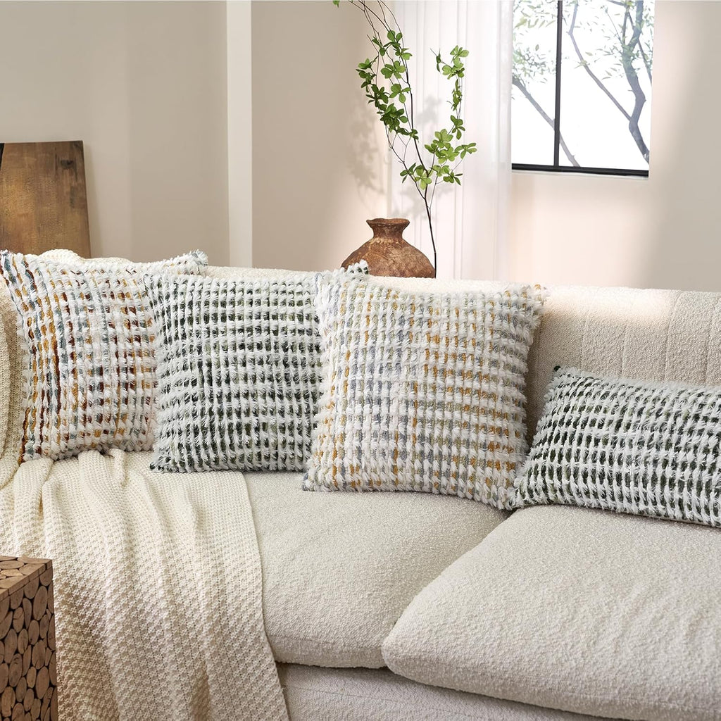 Aeckself Boho Chenille Tufted Pillow Cover 18 x 18 Inch, Decorative Square Throw Pillow Cover Neutral Pillowcase for Couch Bedroom Living Room, Orange White