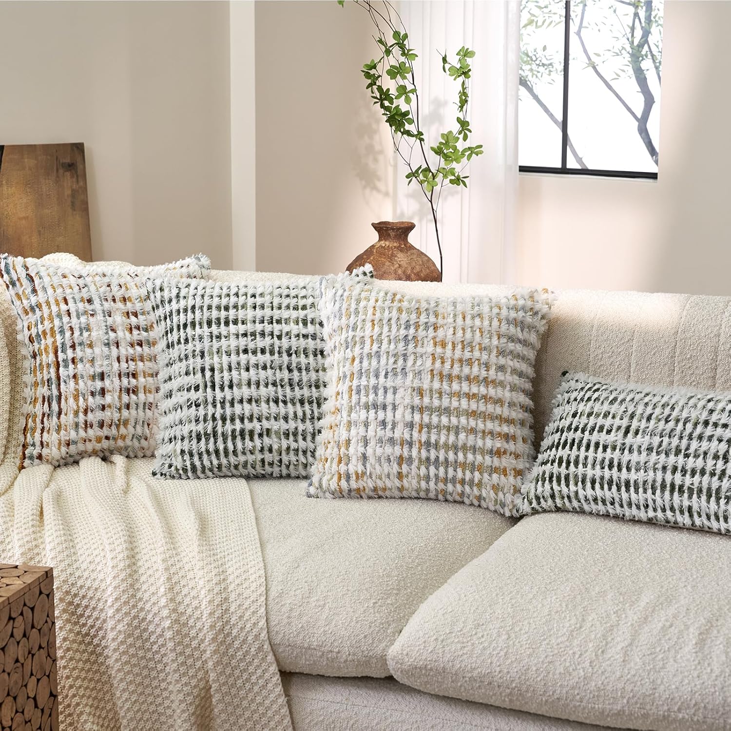 Aeckself Boho Chenille Tufted Pillow Cover 18 x 18 Inch, Decorative Square Throw Pillow Cover Neutral Pillowcase for Couch Bedroom Living Room, Orange White