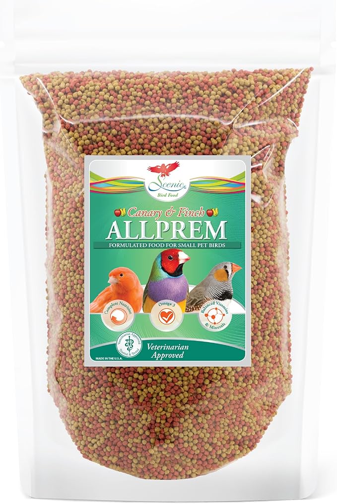Scenic Allprem Canary and Finch Bird Food | Formulated Diet | Apple and Corn Flavor | 1 Pound Bag (1 LB)