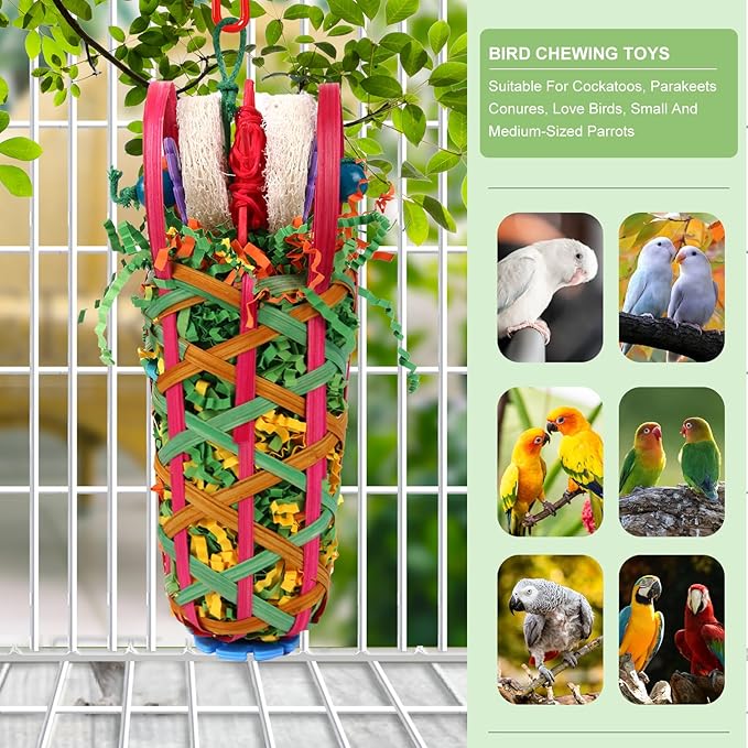 Kyouki Parakeets Toys, 2 PCS Bird Chewing Toys – Perfect for Cockatoos, Conures, Love Birds, Small & Medium Parrots, Fun Foraging & Tearing Bird Cage Accessories (Seeking Food Basket)