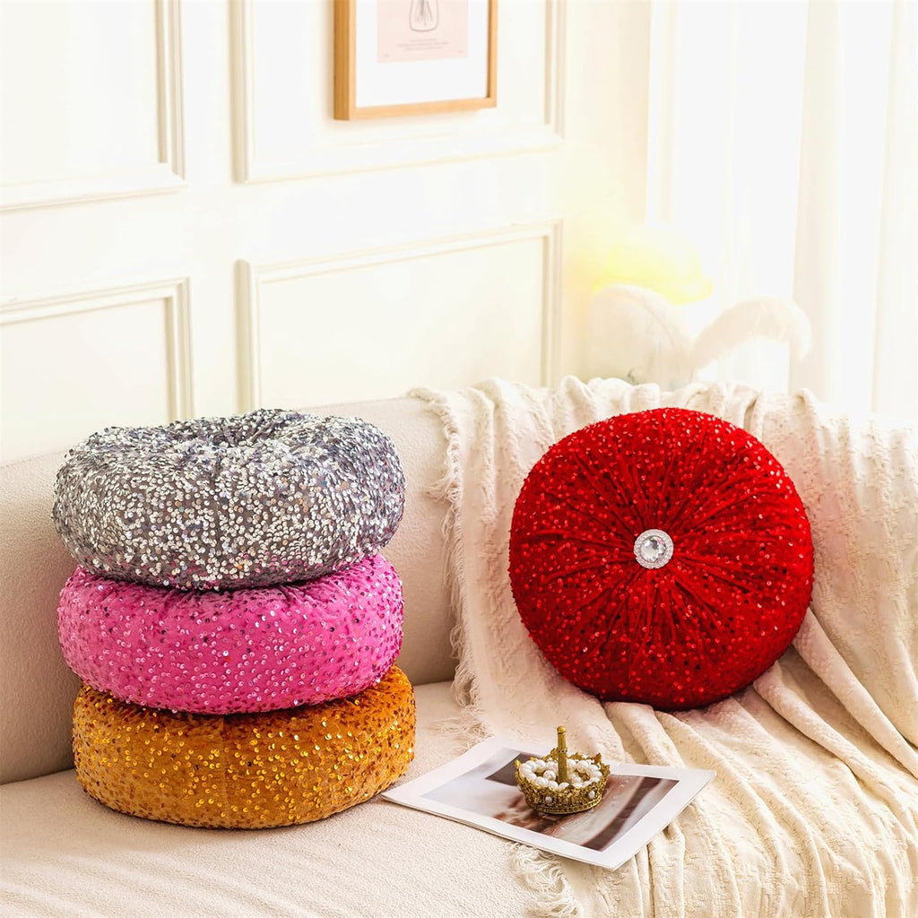 Round Throw Pillow, 13.7in Soft Solid Color Sequin Glitter Decorative Round Pillow Circle Floor Pillows Cushions for Sofa Bed Chair Living Room Floor Car Home Decoration, Red