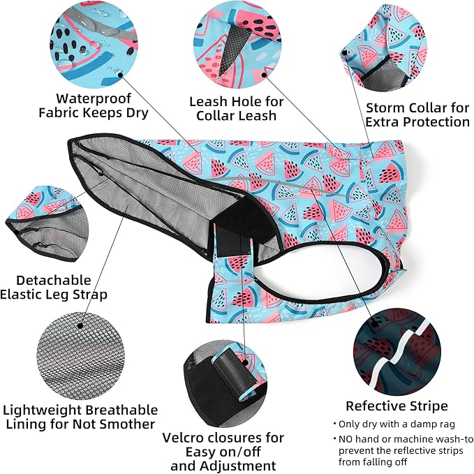 Mile High Life Dog Raincoat, Adjustable Waterproof Reflective Rain Jacket for Small Medium Large Dogs, Lightweight Breathable Pet Rain Coat with Leash Hole(Light Blue Watermelon,XS Chest 17-23")
