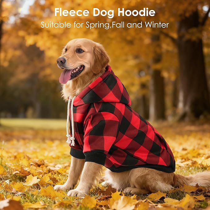 Dog Basic Hoodie Ultra-Soft Plaid Dog Clothes Cold Weather Sweaters for Medium Large Dogs Breathable Cozy Fabric Pet Coat Warm Stylish Sweatshirt with Leash Hole Pocket Dogs Jacket for Cats Boys Girls