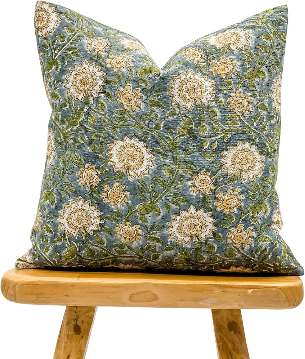 Designer Floral on Natural Linen Pillow Cover | Blue Green and Mustard Pillow Cover | Boho Décor Pillow Cover | Decorative Throw Pillow Covers (Blue Green & Mustard, 22x22)