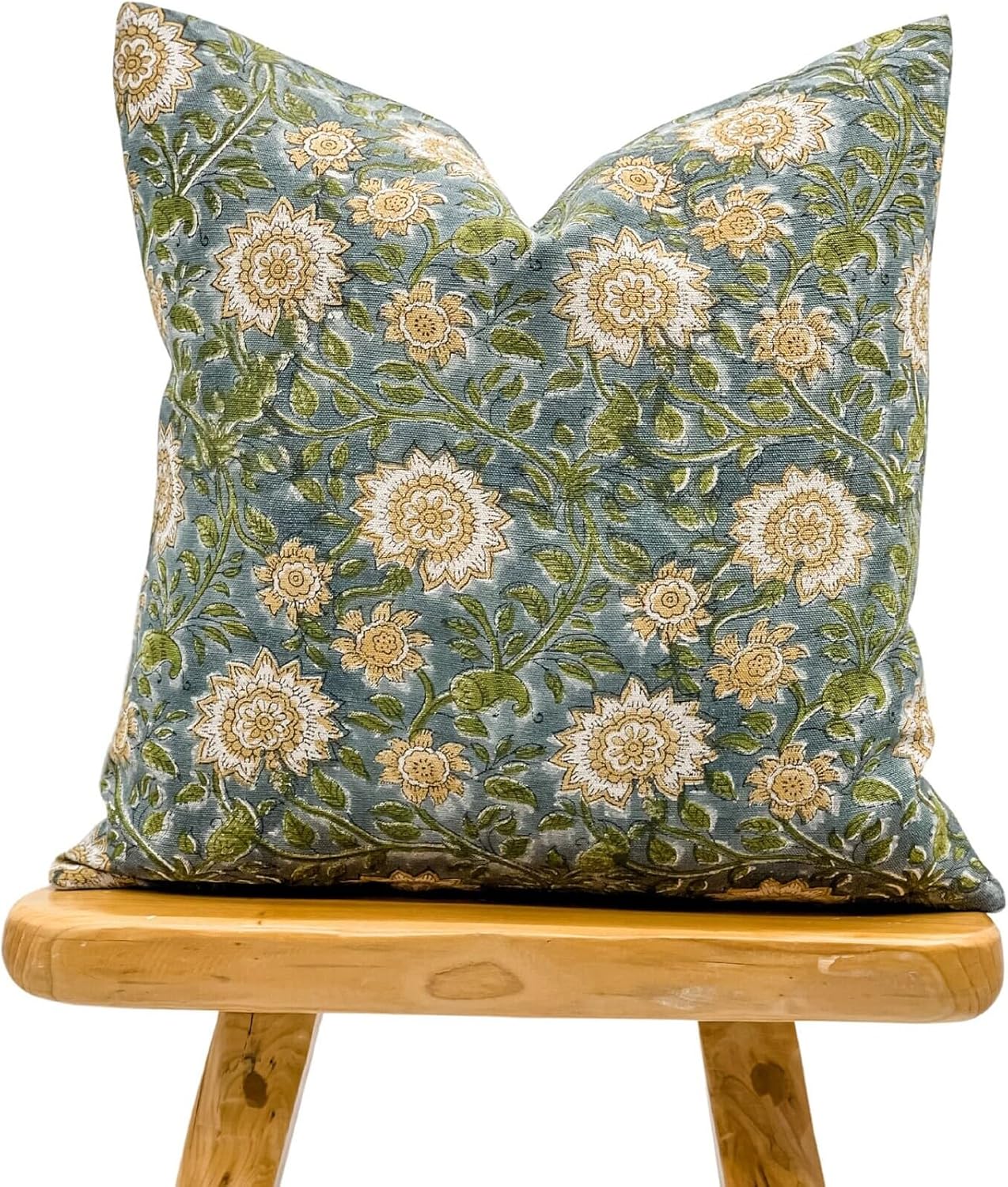 Designer Floral on Natural Linen Pillow Cover | Blue Green and Mustard Pillow Cover | Boho Décor Pillow Cover | Decorative Throw Pillow Covers (Blue Green & Mustard, 14x36)