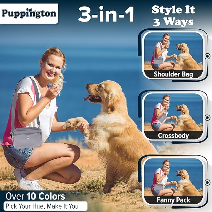 Puppington 3-in-1 Crossbody Dog Walking Bag & Treat Pouch with Matching Planet Safe Poop Bags & Built-In Dispenser - Zippered Pockets (Charcoal Gray)