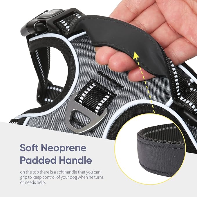 HEELE Dog Harness, No Pull Adjustable Padded Reflective Harness for Small Medium Large Dogs with Handle for Walking Training, Grey, M
