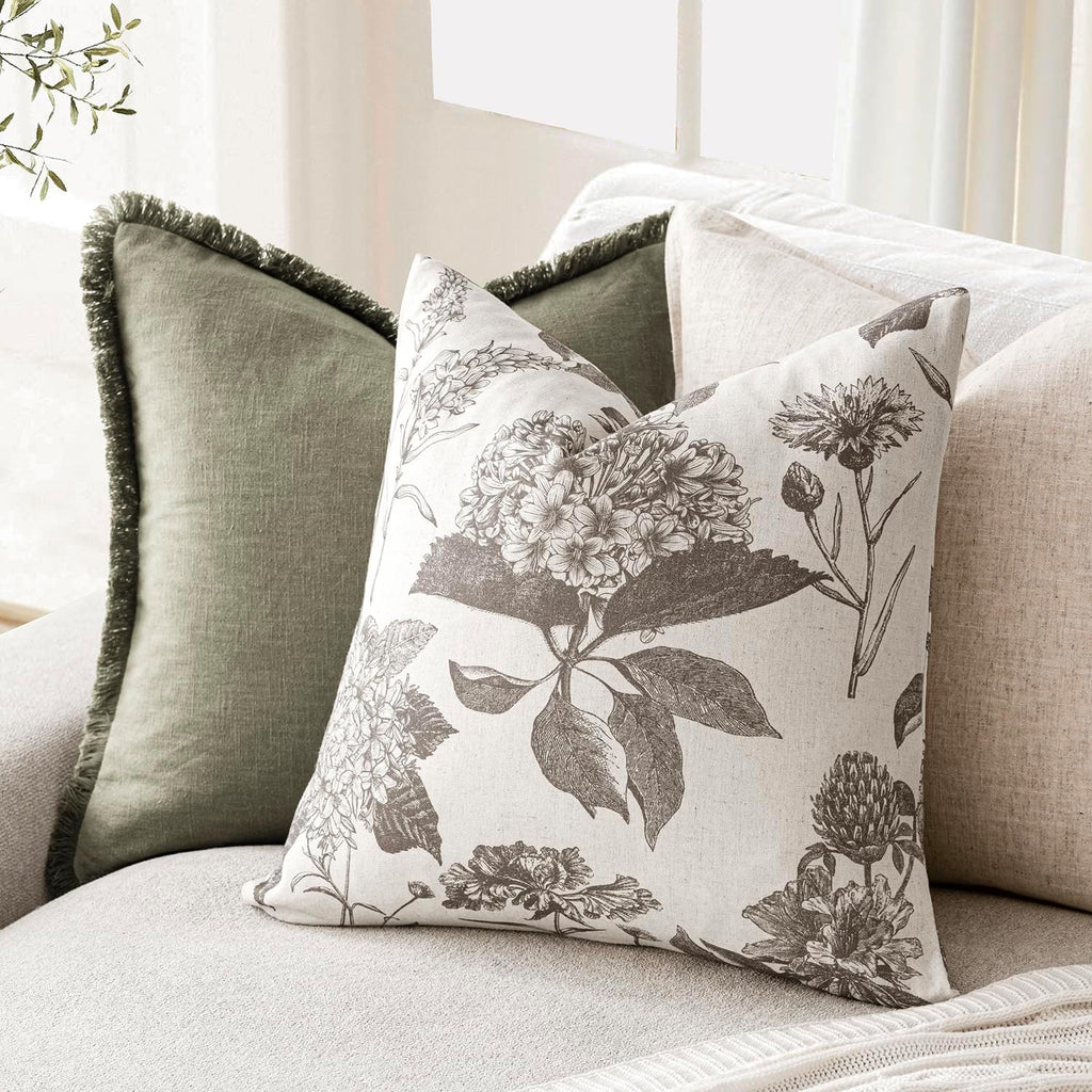 Foindtower Set of 2 Linen Floral Vintage Throw Pillow Covers Neutral Accent Decorative Cushion Covers Farmhouse Boho Home Decor for Sofa Chair Couch Bedroom Living Room,18×18 Inch,Light Gray