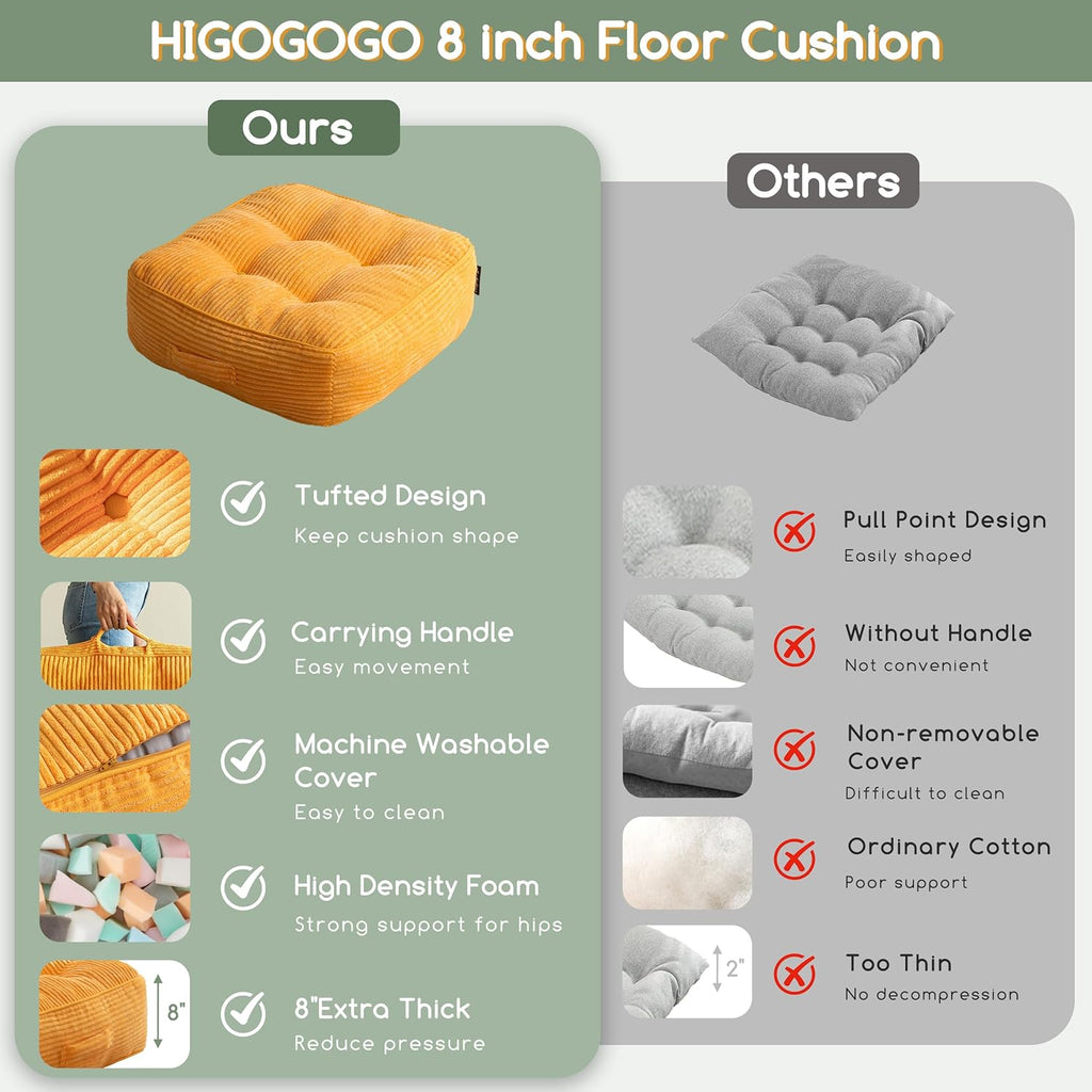 8" Washable Floor Pillow Cushion for Adults, Meditation Cushion Pillow, Large Square Floor Sitting, Removable Tufted Corduroy Cover, for Tatami Living Room or Yoga, 22x22 Inch, 2Pack, Machine Washable