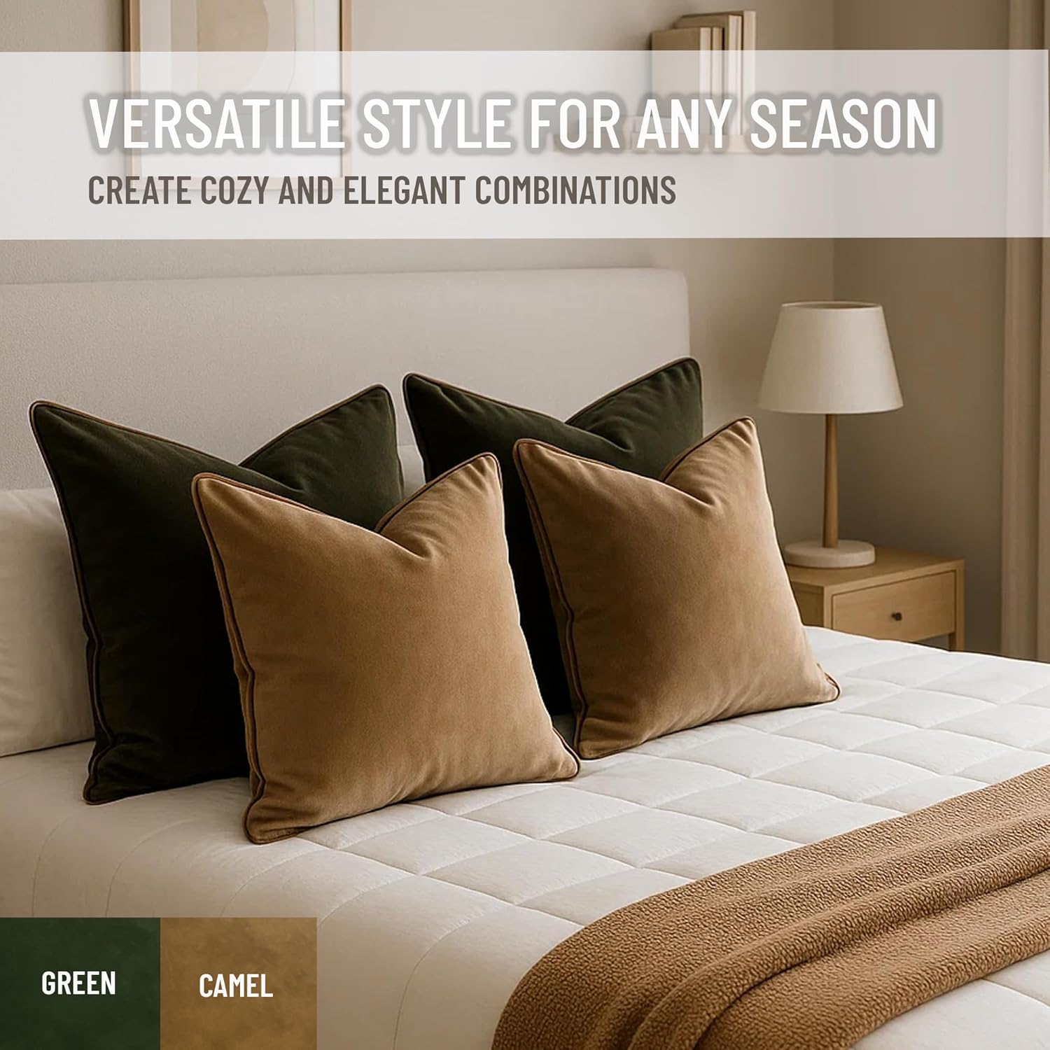 2 Pack Velvet Decorative Throw Pillow Covers, 20"x20", Green and Camel, Solid, Modern, Contrast Piping, Indoor Use, Bedroom & Living Room