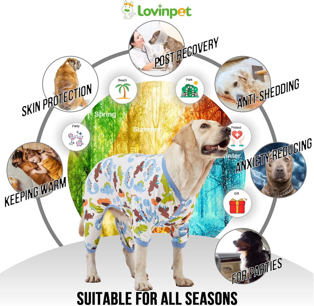 LovinPet Large Dog Pajamas, Dinosaur Print Style, UV Protection, Post Surgery, Anxiety Relief, Pet Pajamas for Dogs, Light Weight Big Dog Pullover, Full Coverage Pitbull Types PJ's, XL