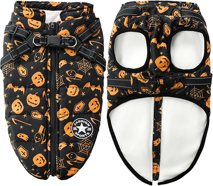 Aiboria Winter Dog Coat Windproof Fleece Jacket with Chest Strap Dog Vest Harness Halloween Black 3XL