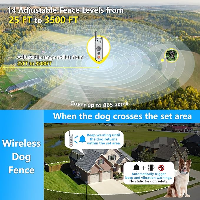 Wireless Dog Fence System for 2 Dogs Electric Wireless Fence for Dogs with 2 Collars 856 Acre Outdoor Boundary Portable Safe Pet Containment System Large Medium Dogs Training Collar with Remote