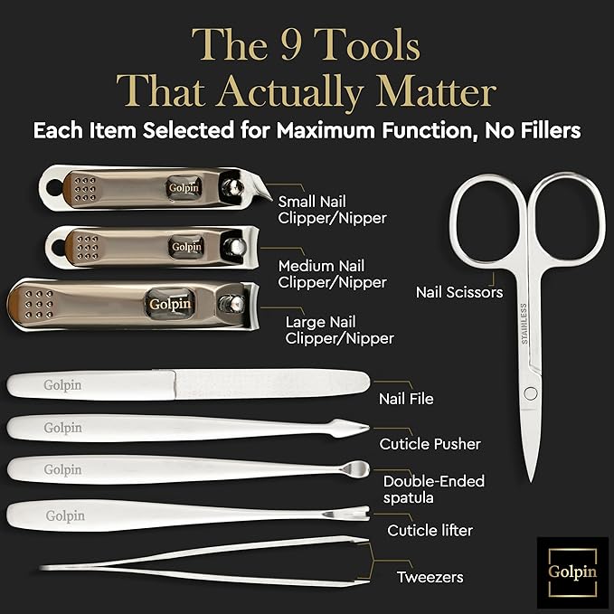 9 Pcs Manicure Kit for Men & Women – Stainless Steel Tools with Travel Nail Kit Case, Nail Clippers, Cuticle Pusher, File, Gift Ready Women & Mens Manicure Set (Black)