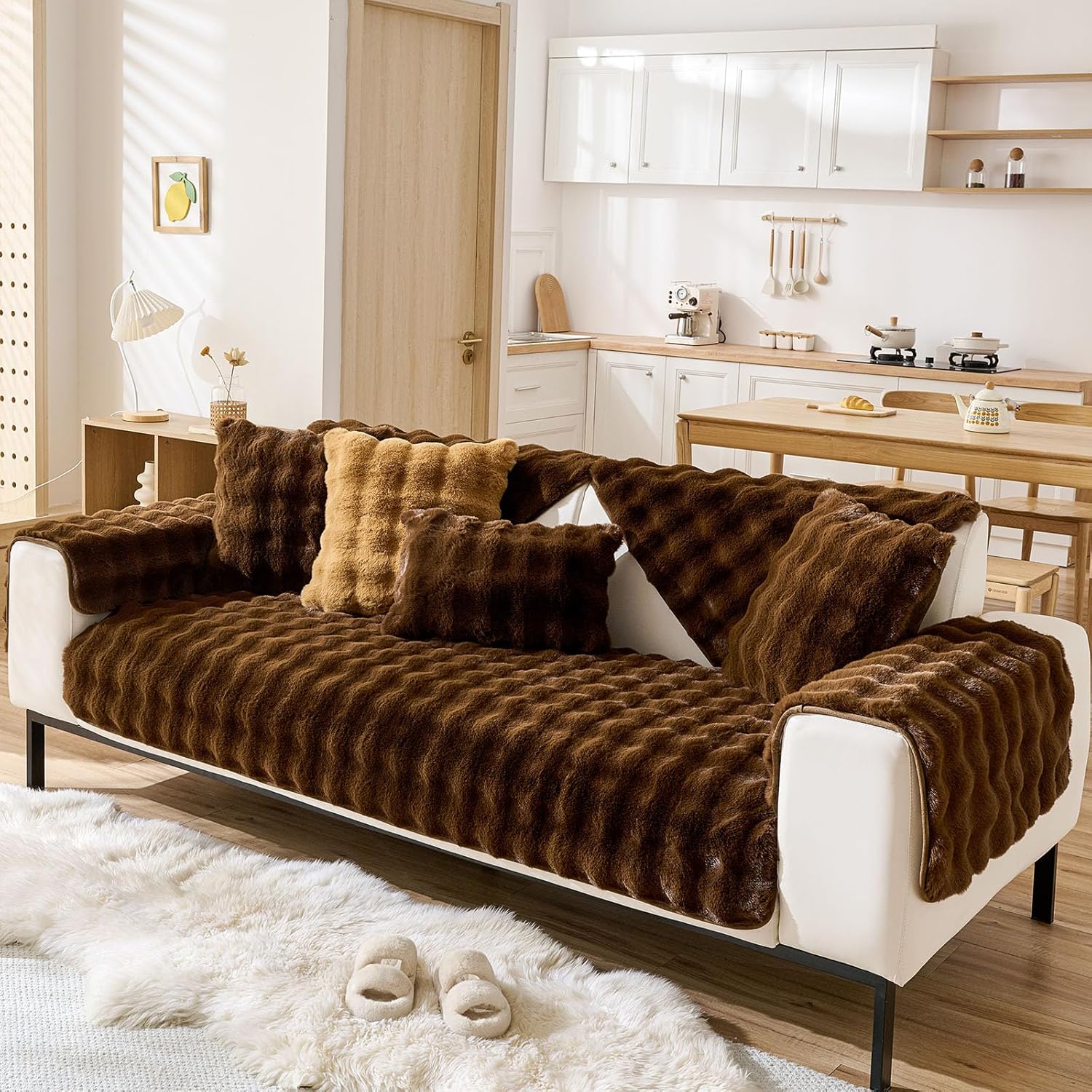 Faux Fur Couch Cover Fuzzy Soft Plush Thick Bubble Sofa Cover Luxury Sectional Couch Covers Luxury Anti-Slip Sofa Slipcover Washable Furniture Protector (Coffee,28"x82")