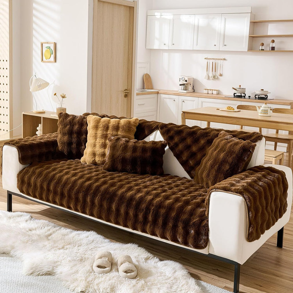 Faux Fur Couch Cover Fuzzy Soft Plush Thick Bubble Sofa Cover Luxury Sectional Couch Covers Luxury Anti-Slip Sofa Slipcover Washable Furniture Protector (Coffee,28"x47")