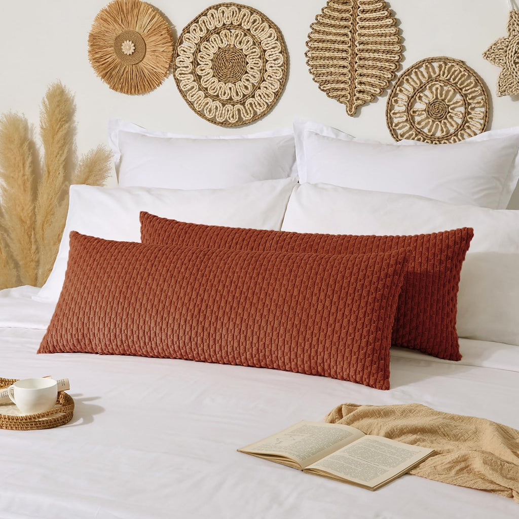 Kevin Textile Fall 14x36 Inch Long Lumbar 1 Pack Fall Boho Decorative Throw Pillow Cover Soft Striped Corduroy Rectangle Cushion Case Farmhouse Solid Color Accent for Living Room Couch Sofa Bed, Rust