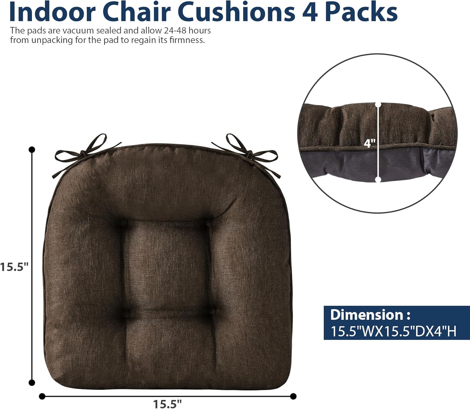 Chair Cushions for Dining Chairs, Seat Cushions for Kitchen Chairs, Indoor Seat Cushions with Ties, Tufted Foam Chair Pads, Non Slip Chair Cushions Set of 6, 15.5" x 15.5" x 4", Brown