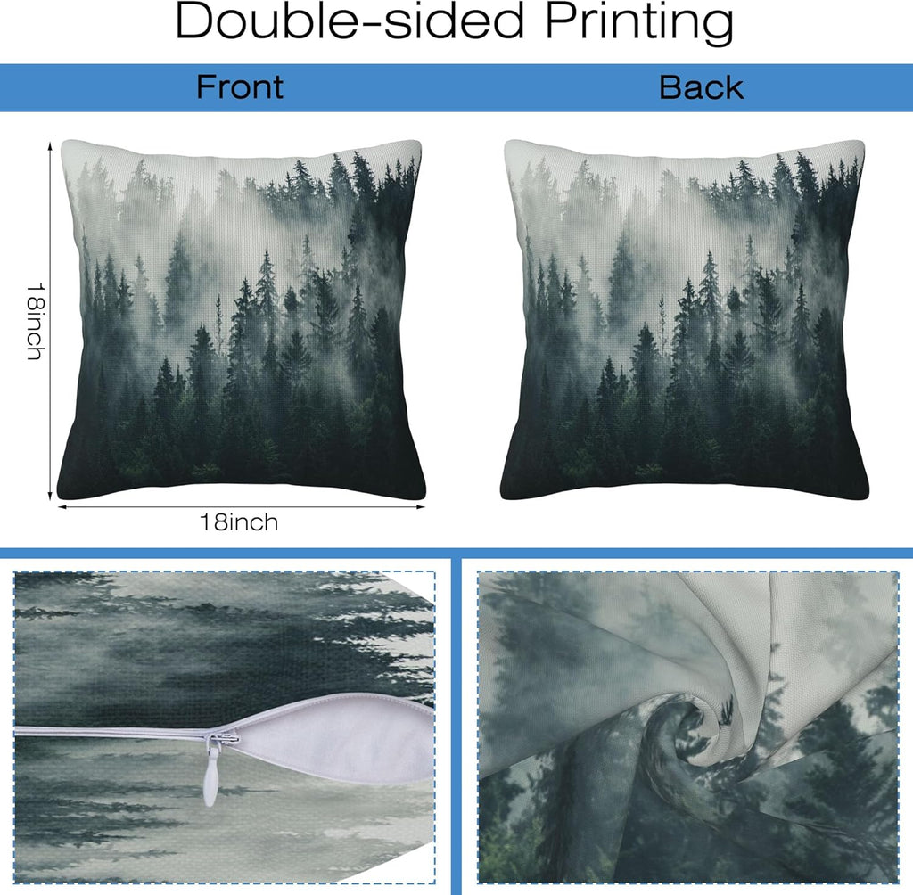 Misty Forest Throw Pillow Cover Case Foggy Forest Throw Pillows Set of 2 Super Soft Pillow Covers 18x18 Inches Farmhouse Home Decor for Living Room Bedroom Sofa Couch Cushion Cover
