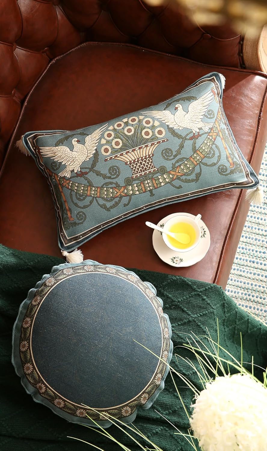 Rectangle Throw Pillow Covers,French Green Farmhouse with White Birds and Flowers Pattern Linen Pillowcases,Decor Lumbar Pillows Cushion Covers for Couch Sofa Bed Chair,12x20 Inches