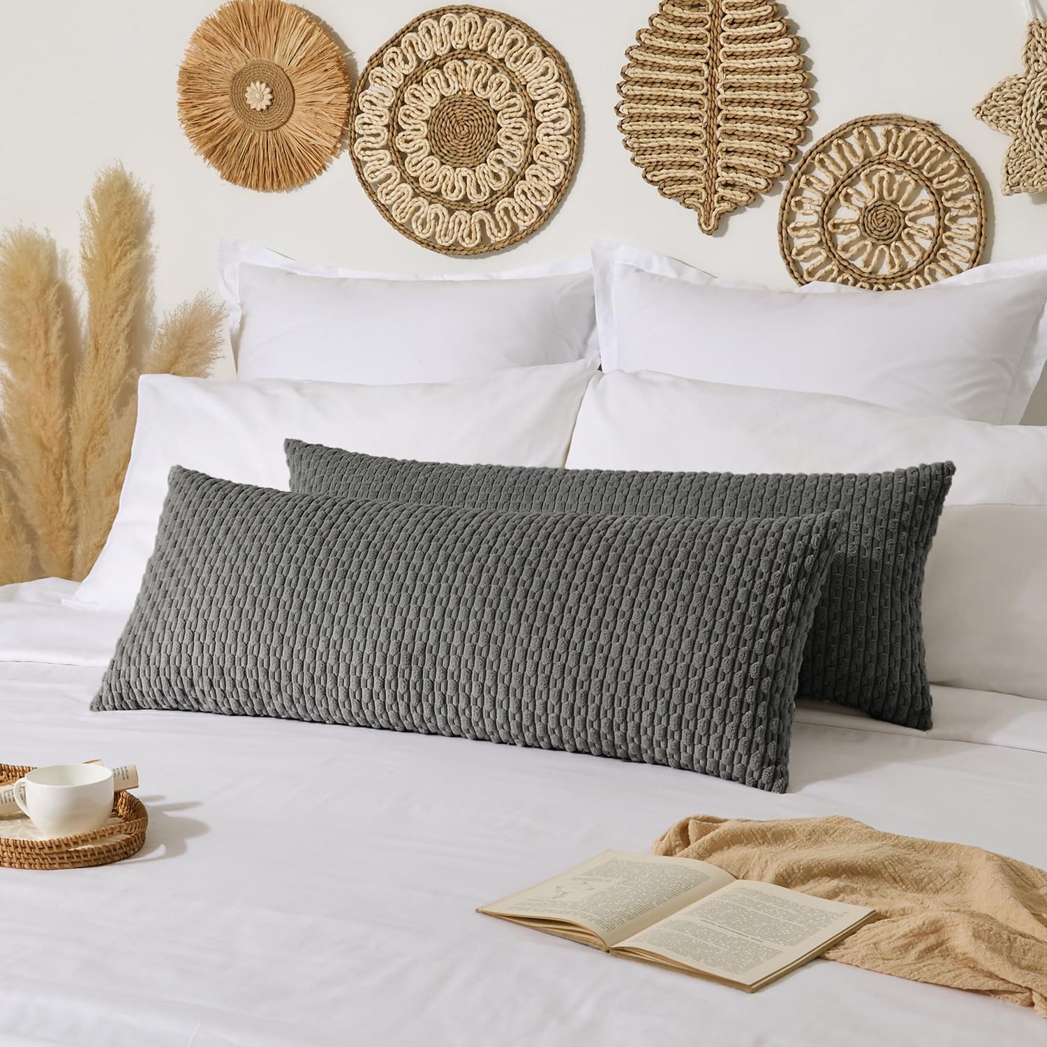 Kevin Textile 14x36 Inch Long Lumbar 1 Pack Boho Decorative Throw Pillow Cover Soft Striped Corduroy Rectangle Cushion Case Farmhouse Accent for Living Room Couch Sofa Bed, Dark Grey