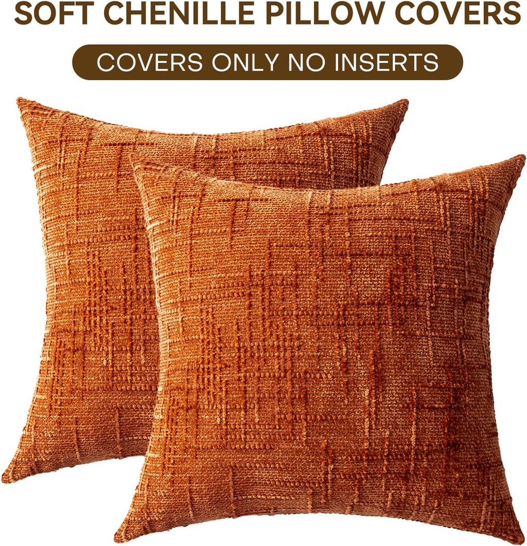 Decorative Throw Pillow Covers 18x18 Inch Set of 2, Soft Solid Farmhouse Chenille Couch Pillows, Spring Pillow Covers for Couch Sofa Bed Living Room Home Decor Pillowcase, Rust