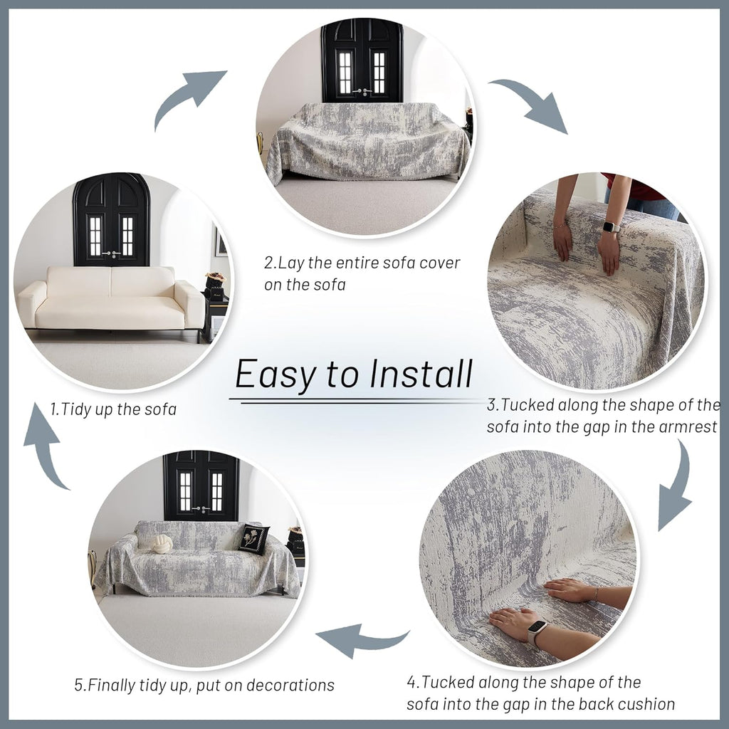 MYSKY HOME Boho Couch Cover for Dogs Washable Grey Abstract Couch Sofa Protector for Loveseat Sofa with Pets Friendly Chenille Geometric Sofa Covers Soft Durable Farmhouse Sofa Slipcovers, 71" X102"