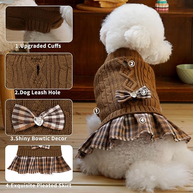 WOYYHO Girl Dog Sweater Dress with Bowtie Turtleneck Small Dogs Sweater with Leash Hole, Knitted Small Dog Sweaters Dress Puppy Winter Clothes for Yorkies Chihuahua (Large, Brown)