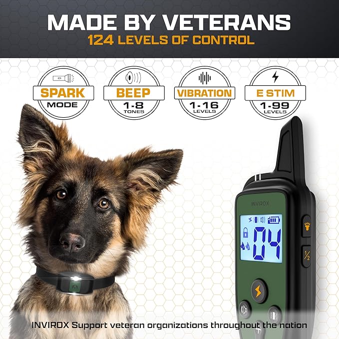 INVIROX Dog Training Collar with Remote, 1100 Yard Range, 124 Levels of Control, Beep, Vibration & E-Stim Modes, IP67 Waterproof E Collar for Dogs, Silicone, Spark K9