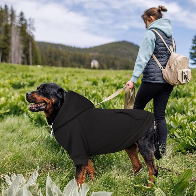 Dog Sweaters,Dog Hoodie,Cozy Fleece Interior Sweatshirt with Hood & Pocket,Leash Hole,Pet Clothes Sweater for Small,Medium,and Large Dogs,Black&2XL