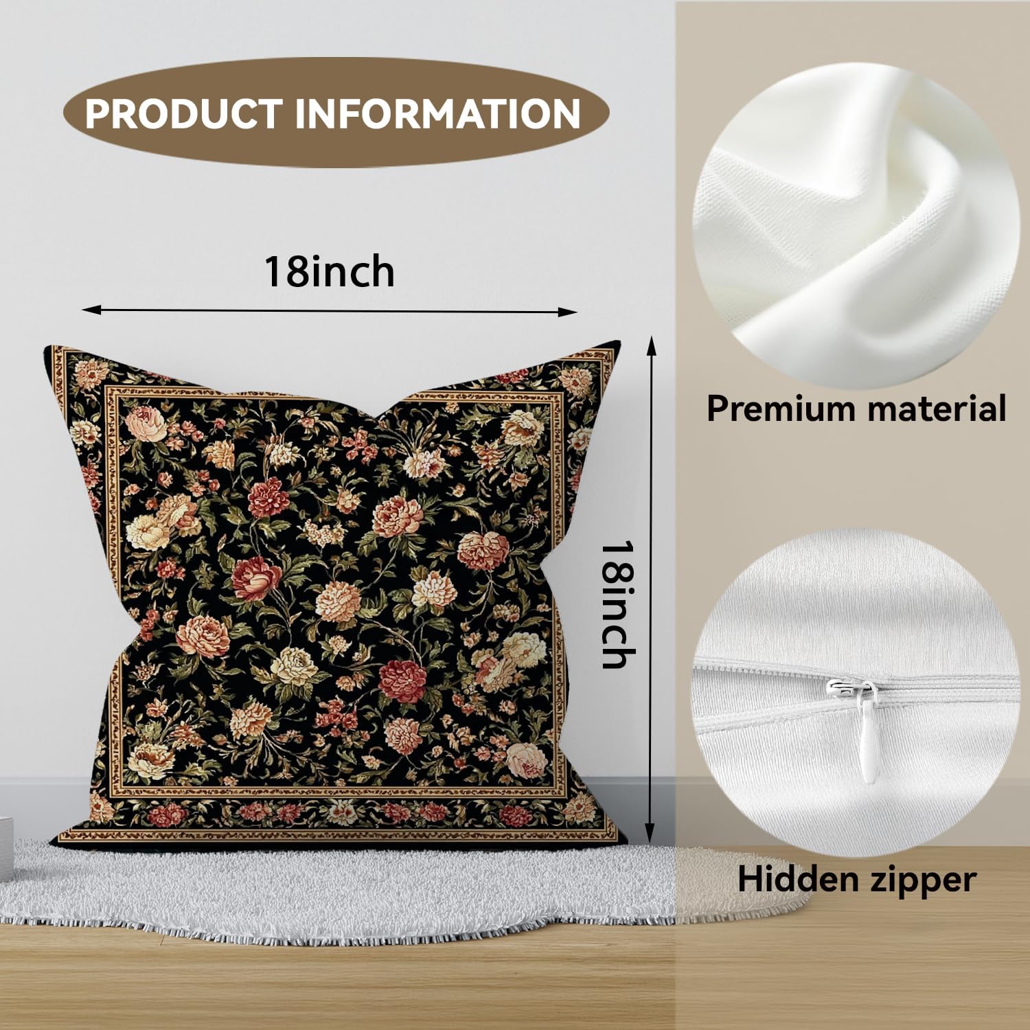 Bohemian Pillow Covers | Vintage Floral & Carpet Design | Double Sided Blue White Decorative Pillowcases for Couch, Bed | Indoor Outdoor Boho Home Decor (Black, 18x18inches)