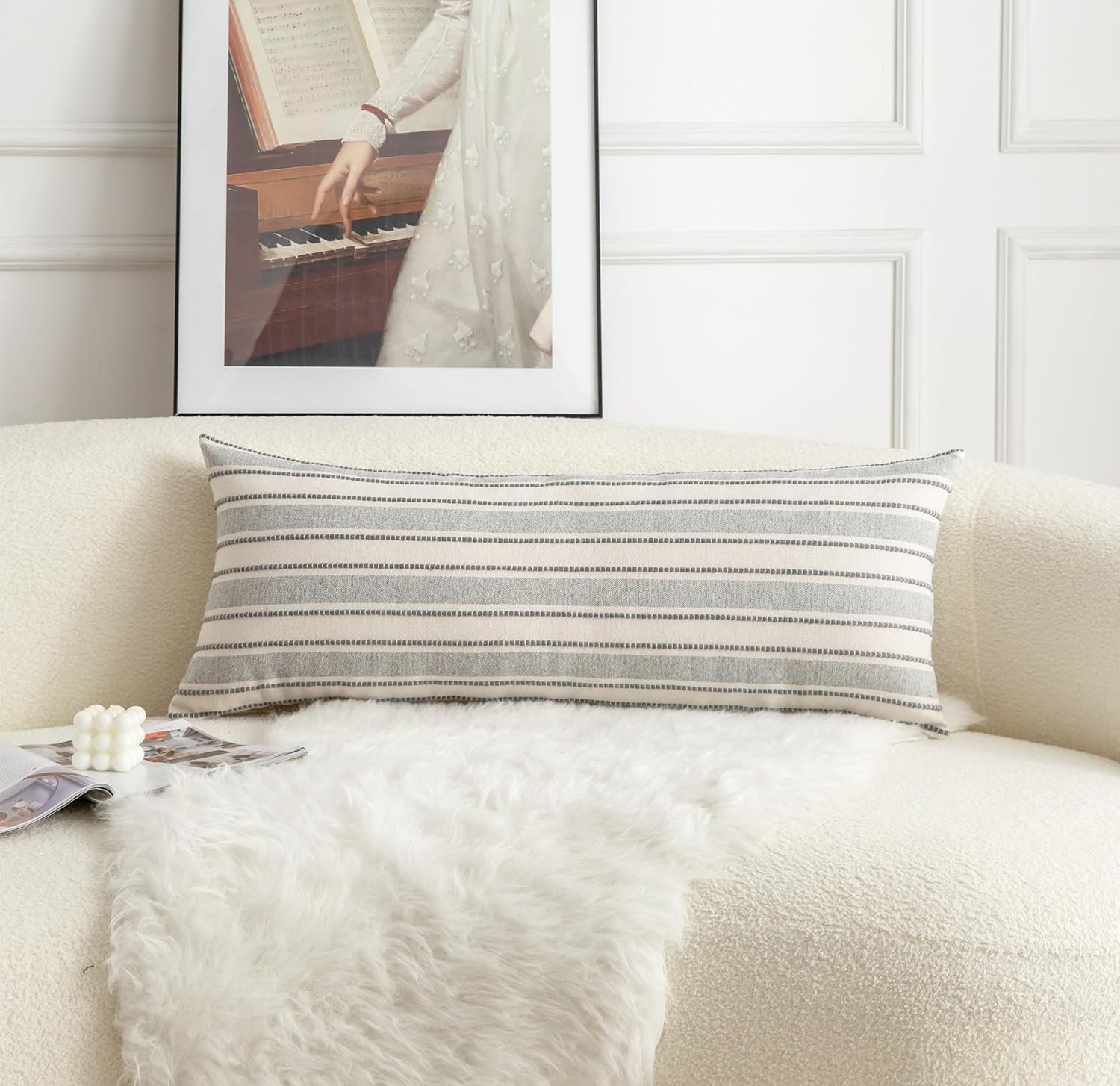 Decorative Boho Lumbar Pillow Covers, Modern Farmhouse Couch Pillowcase, 14 x 36 Long Accent Body Throw Pillow Covers, Sofa Bed Living Room Decor Cushion Case, Grey and Beige, Pack of 1