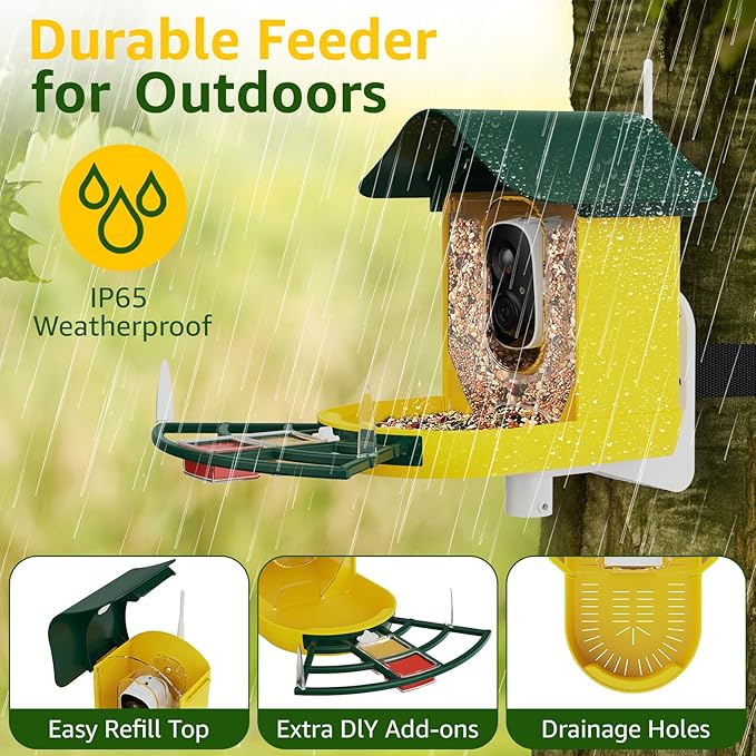 PeckCam® Smart Bird Feeder with Camera 2K HD Auto Detect & Notify, AI Identify 10000+ Birds Camera with Solar Panel 5 Perch Attachments Wireless Outdoor Birdwatching Gift for Birds Lover, Yellow