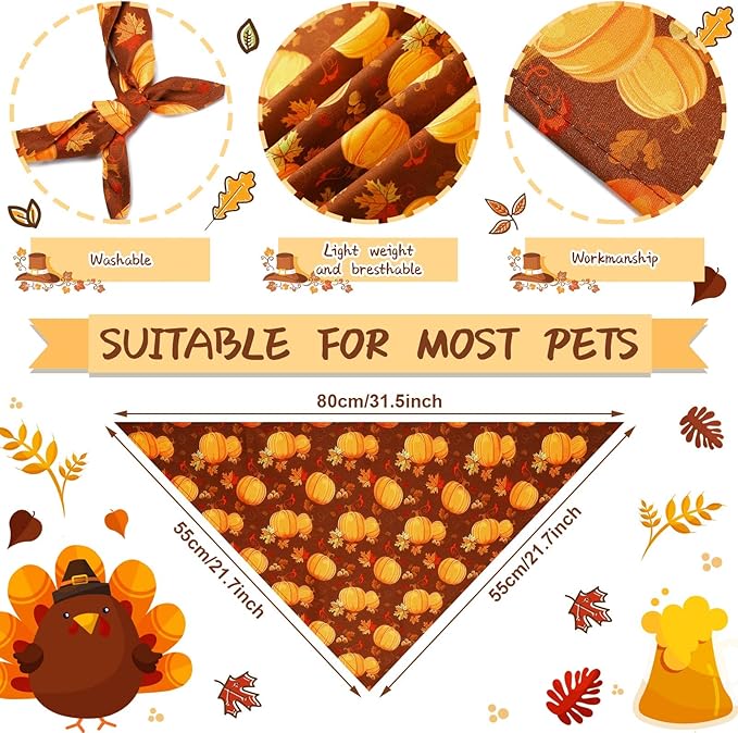 Newwiee 100 Pcs Fall Dog Bandanas Bulk for X-Large Dogs Thanksgiving Pumpkin Maple Leaf Triangle Bandanas Bibs Adjustable Pet Scarf Holiday Soft Breathable Thanksgiving Day Scarf Accessories for Puppy