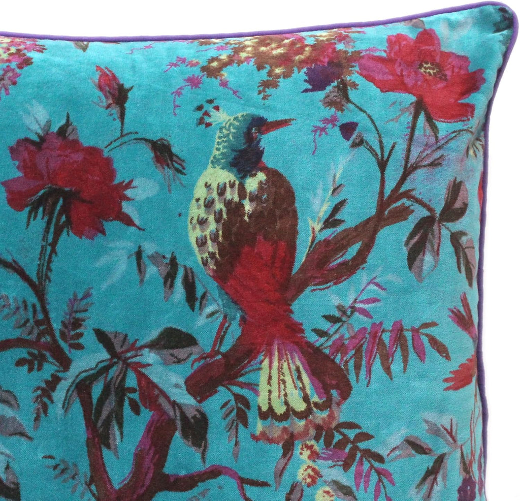 Eyes of India Velvet Floral Flower Bird Throw Pillow Sofa Cushion Cover Case Couch Colorful Boho Chic Bohemian Accent Indian Handmade (Teal, 20" x 12")