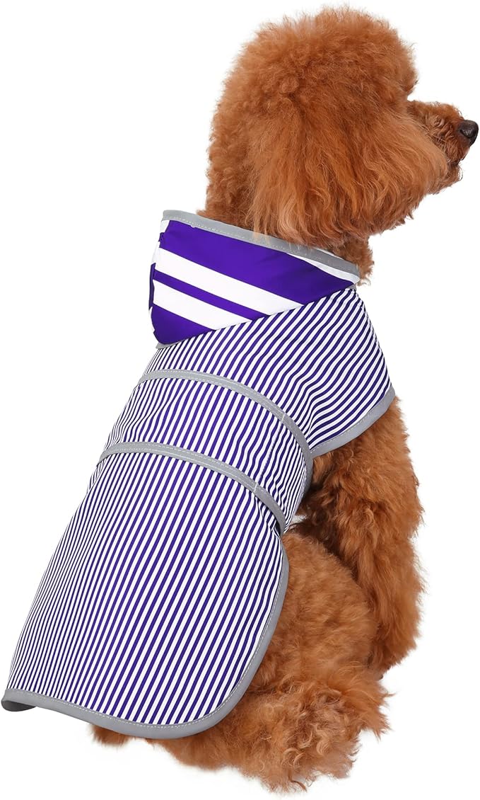 Dog Raincoat for Small Dogs Puppies Waterproof Hooded Rain Jacket with Reflective Strips Leash Hole & Poncho Adjustable Fit (Bluestripe,S)