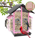 Bird Feeders for Outdoors, Metal Bird Feeder with Double Suet Cage Weatherproof Metal Roof, 2 in 1 Mixed Seeds Suet Feeder, 4Lbs Large Capacity, Great for Finch、Cardinal、Chickadee（Pink）
