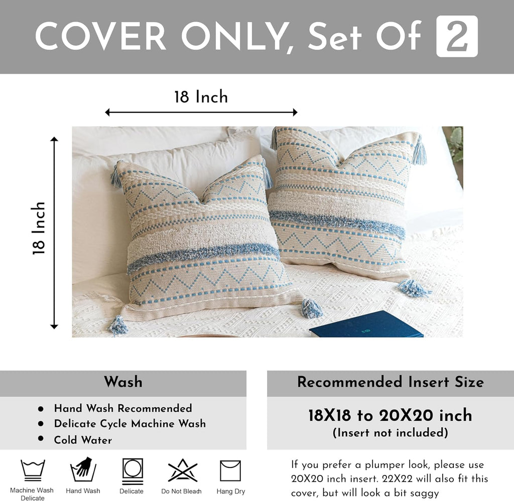 BlissBlush Blue Coastal Decorative Throw Pillow Cover 18X18 Combo Set of 2 Square Boho Accent Pillowcase Tassels Farmhouse Cushion for Couch Sofa Bedroom Living Room Home Décor Cover ONLY