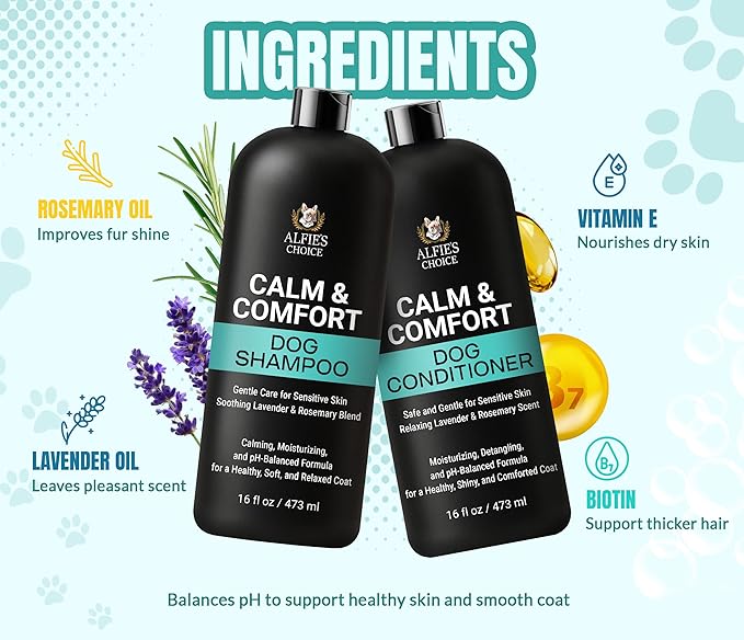 ALFIE'S CHOICE Calm & Comfort Dog Shampoo & Conditioner Set | 16 fl oz Each | with Lavender, Rosemary & Vitamin E | Calming Dog Wash for Itchy Skin, Dry Coat, Odor & All Breeds