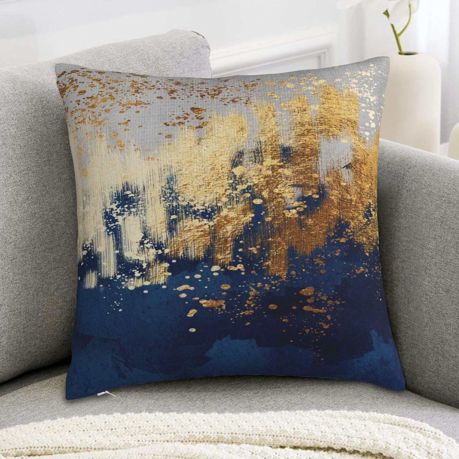 Navy Blue and Gold Pillow Covers 18 x 18 inch Set of 2 Decorative Cushion Covers Blue and Gold Square Pillowcases for Bedroom Sofa Home Decor